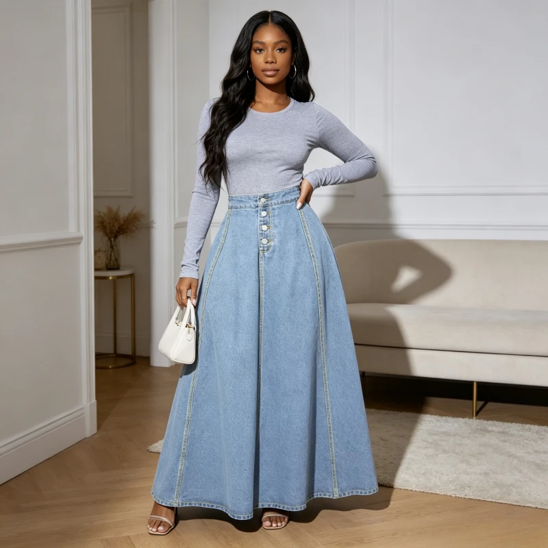 

Long Skirt Women Vintage Denim Big Swing Skirts Single Breasted High Waist Washed Distressed Female 2026 Streetwear A Line