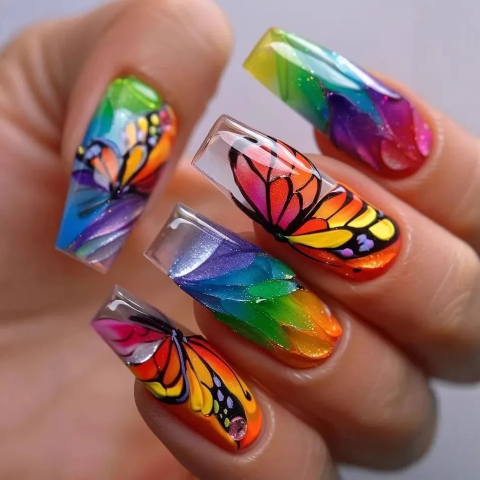 

Накладные ногти для балетного маникюра с бабочками и цветами, съемные, полностью покрывающие, с радужными бабочками и растительными узорами