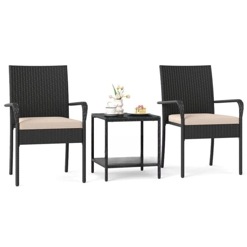 3-Piece wicker outdoor bistro furniture set, two-story tempered glass side table, outdoor chair, beige garden furniture set