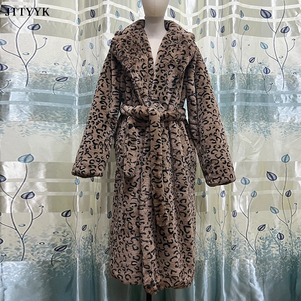 Plus Size Clothing Autumn Winter Faux Fur Coat Women Parka Lapel Leopard Print Long Fur Jacket Female Warm Thick Plush Overcoat