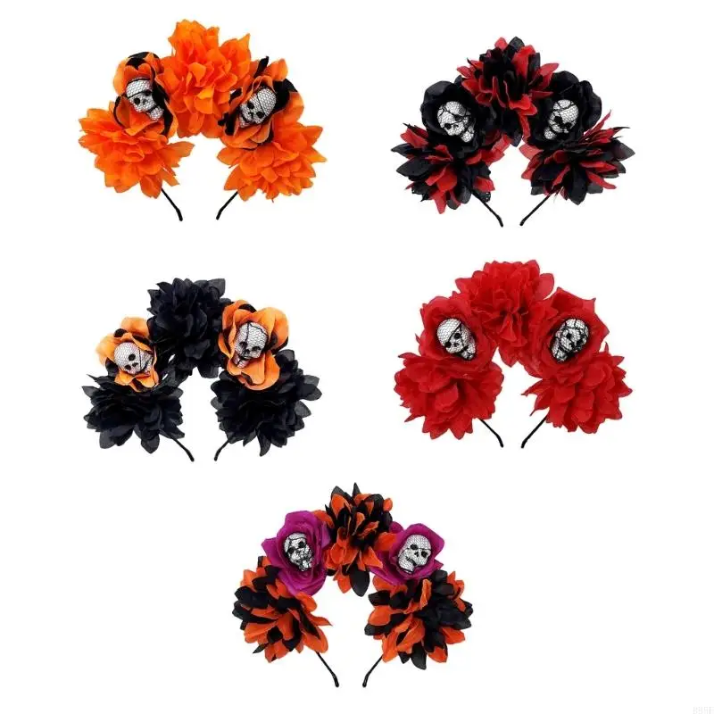 

B95F Day Of the Deads Headpiece Skull Flower Crown Headband Halloween Party Costumes