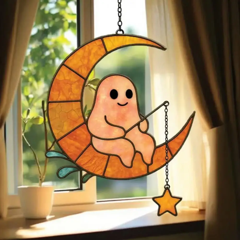 إكسسوار غرفة ساحرة شبح ضوء الماسك مخيف هالوين Suncatcher مجموعة شبح القط الأسود الزجاج الملون الحلي للجدار