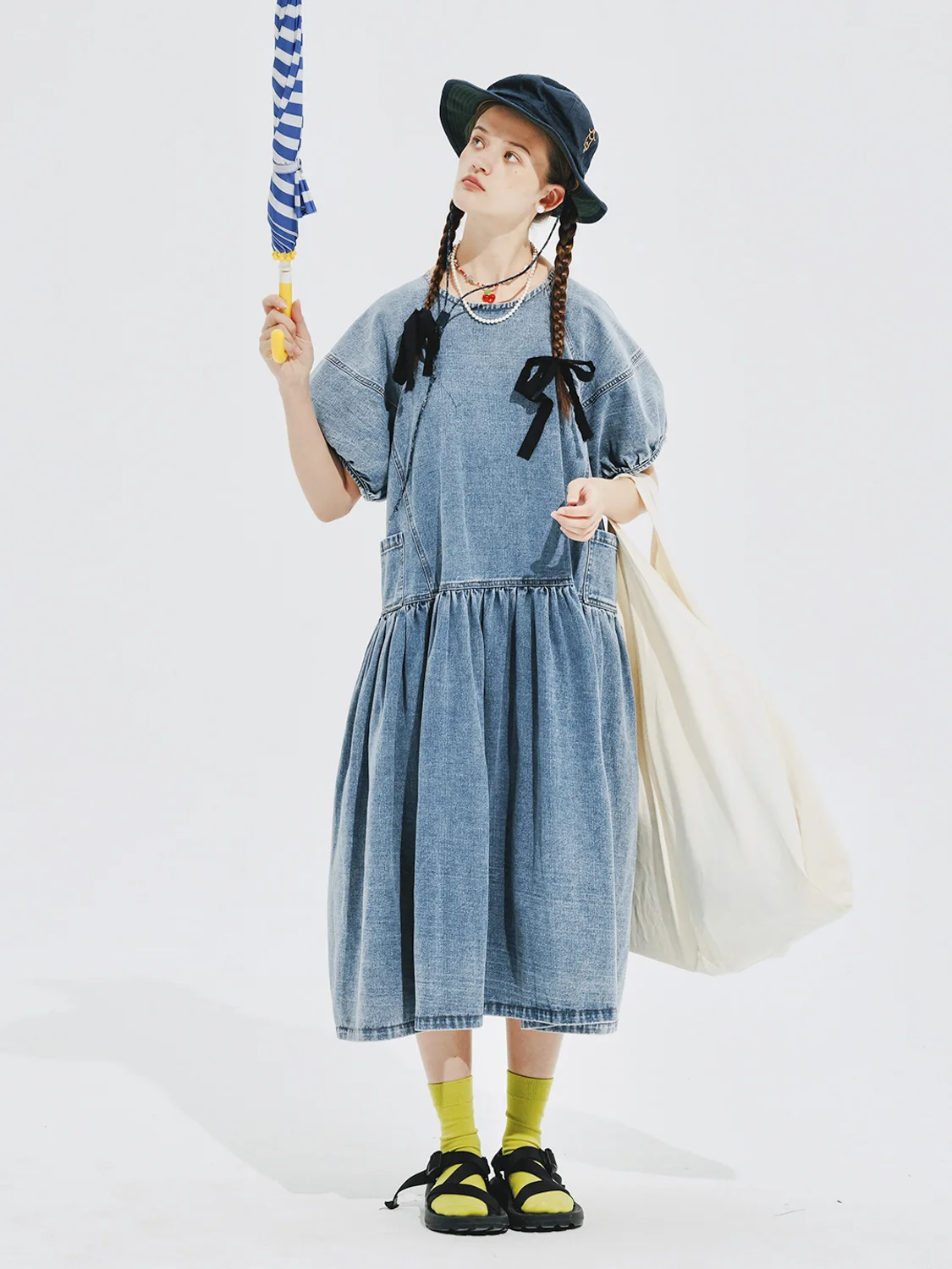 IMAKOKONI original design pure cotton short-sleeved denim pocket stitching dress female 244622