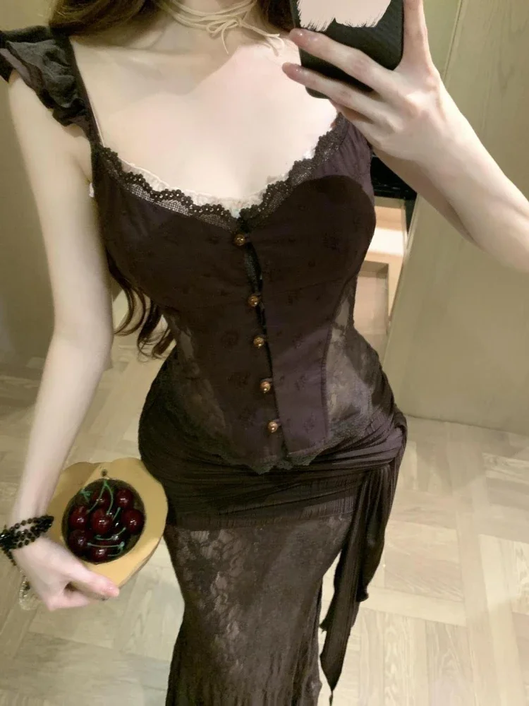 IMU Coquette French Sexy Lace Corset 2 Piece Set Women Slim Fit Bodycon High Waist Fishtail Maxi Skirt Elegant Party Clubwear Ou