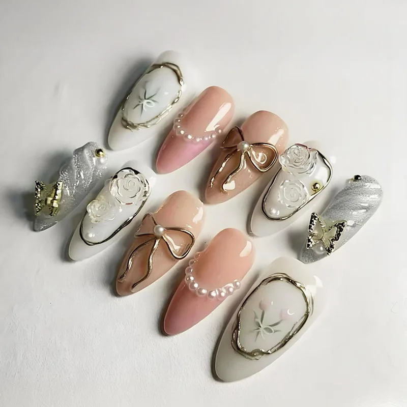 

24Pcs Mid-length Almond Press on Nails 3D Gilded Butterfly Flower Bow Fake Nails Pearl French Reusable Full Cover False Nail Tip