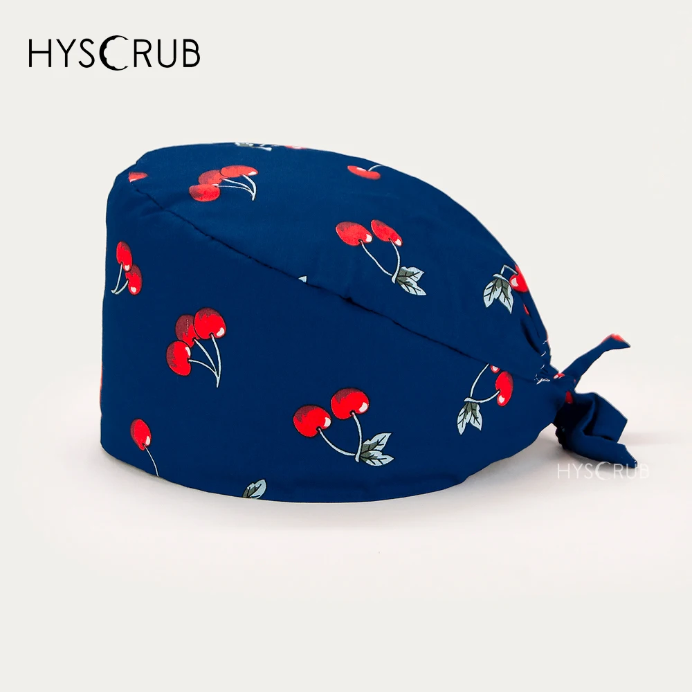 Fashion Navy Blue Fruit Printed Professional Work Cap Breathable Scrub Cap for Medical