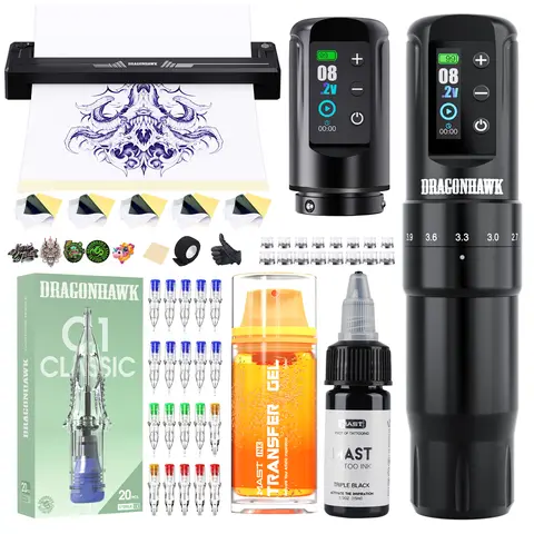 Dragonhawk Atom2 Pro Tattoo Machine Kit 7 Strokes (2.4-4.2mm) Rotary Pen with Tattoo Printer Cartridge Needles for Beginners