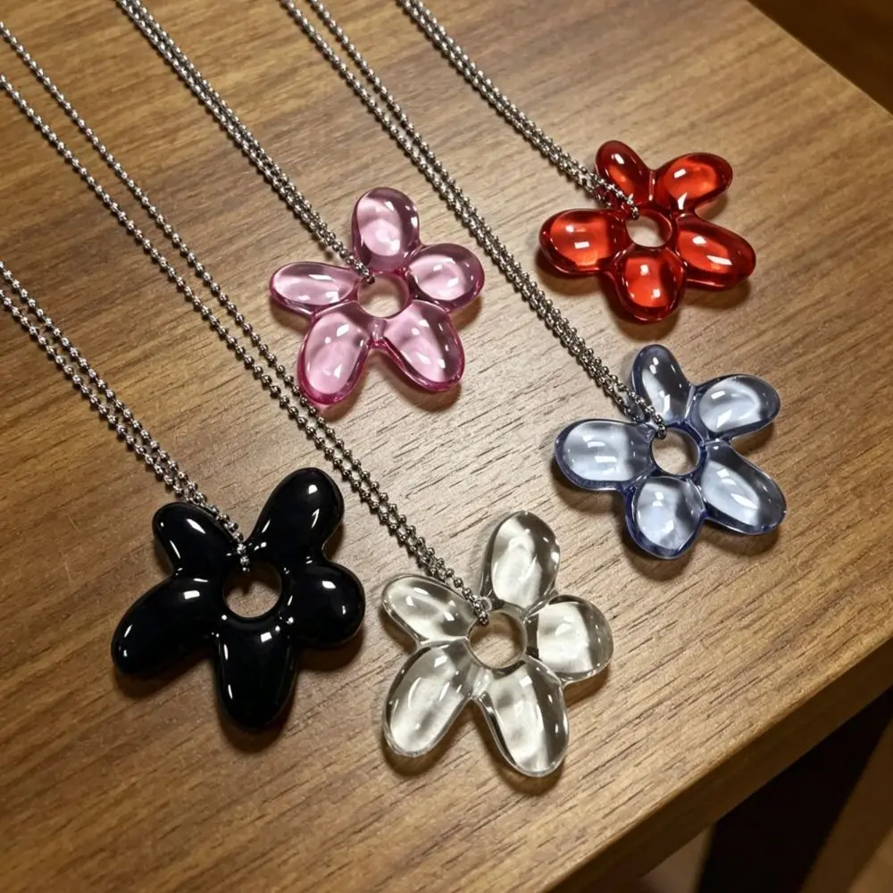 New Transparent Petal Flower Pendant Resin Alloy Sweater Y2K Boho Beaded Chain Jewelry for Women Girls