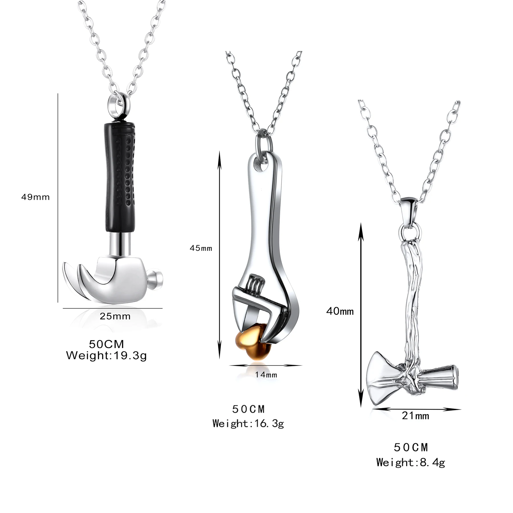 Schraubenschlüssel-Urnen-Halskette aus Edelstahl mit Herz, Einäscherungsanhänger für Asche, Andenken-Schmuck für Männer, Trichter-Werkzeug – Detail 4