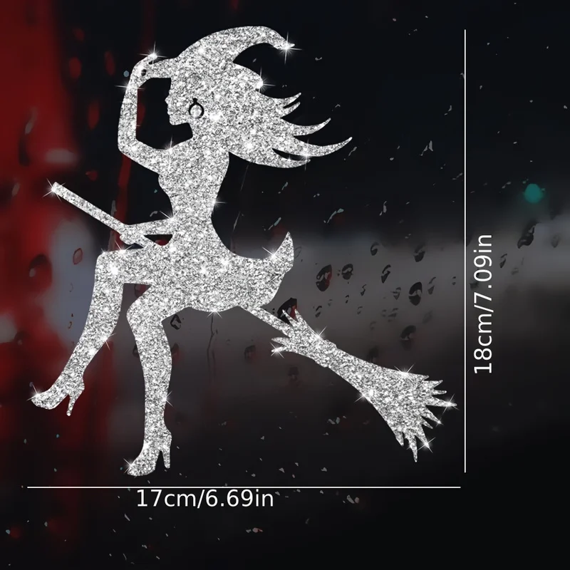 Sparkling Witch Riding Broomstick Window Glass Sticker - Glittery Halloween Decor for Home, Farmhouse, Bedroom