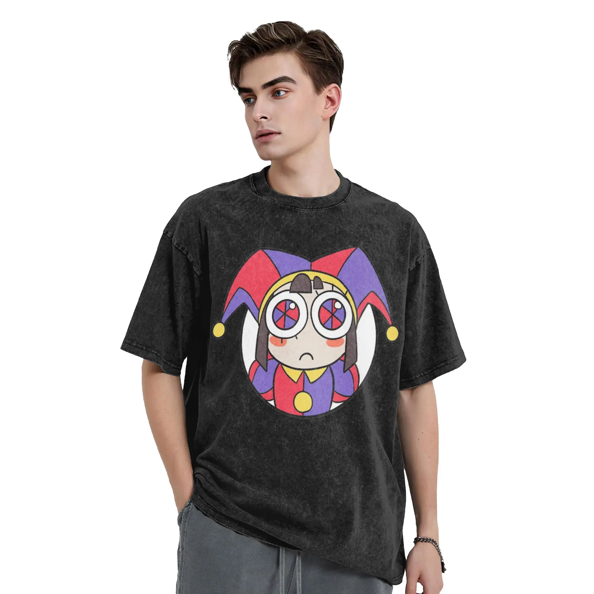 Pomni Head Washed T Shirts Streetwear T-Shirts Cartoon Digitals Circus Tee Shirt for Men Women Short Sleeve Street Graphic