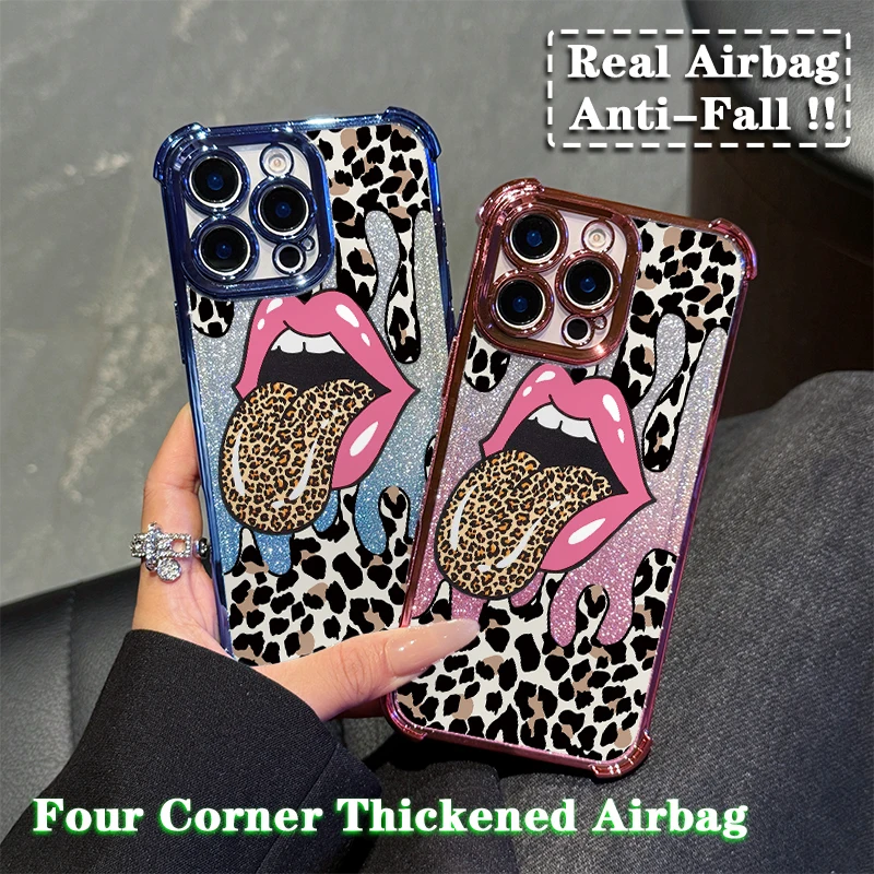 Large Tongue Leopard Print Plating Case For Samsung S24 S23 S22 S21 S20 FE Note20 Plus Ultra 4G 5G Anti Fall Airbag Back Cover