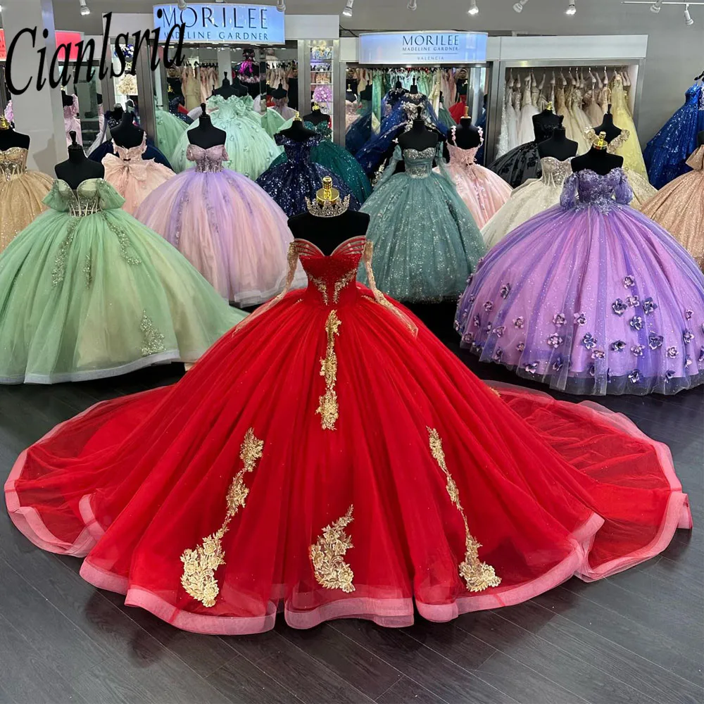 فستان Quinceanera أحمر رائع ، ثوب الكرة مزين بالذهب ، حفلة عيد ميلاد الأميرة ، الحلو 16 ، 15