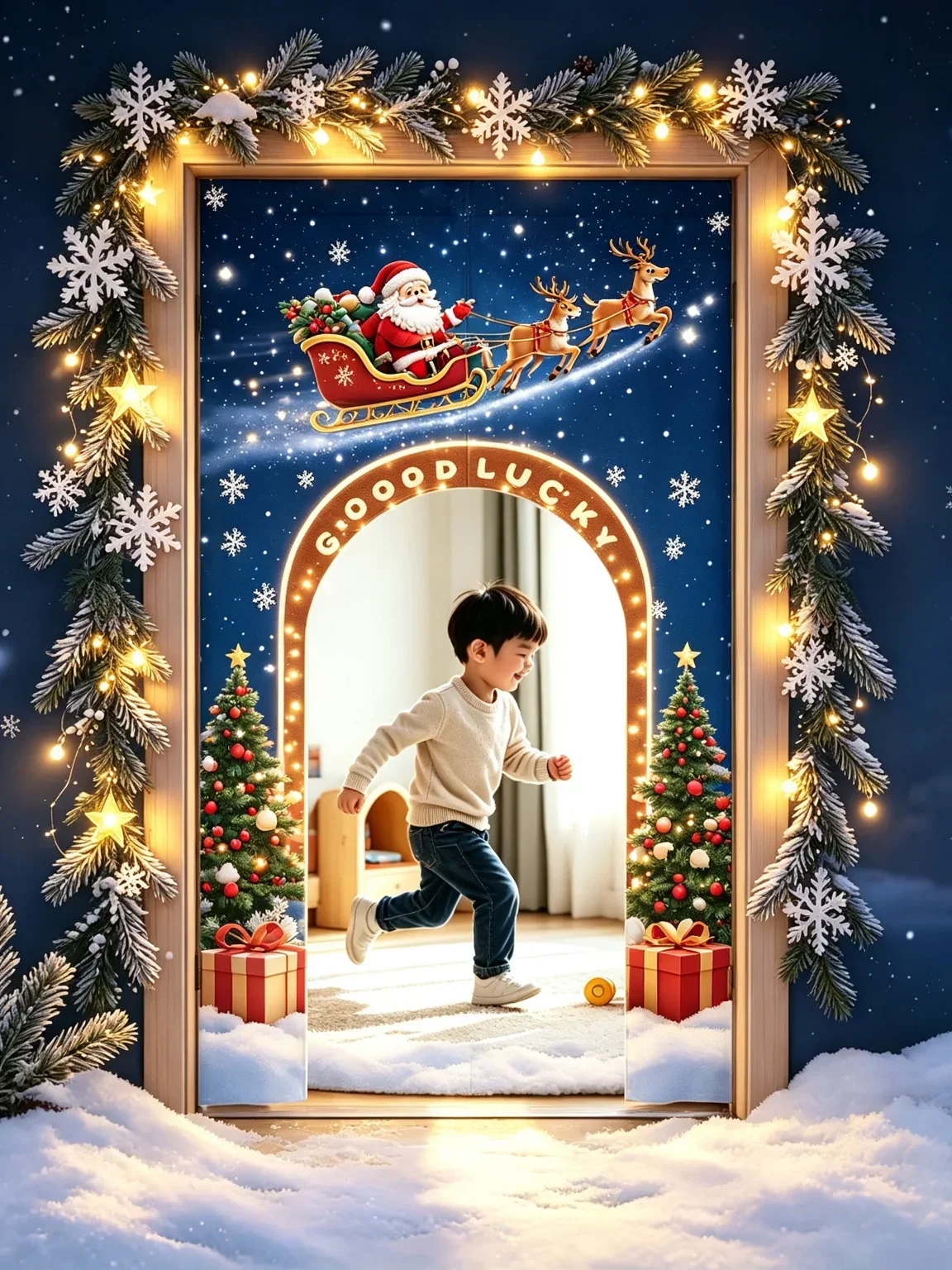 VIKAMA Reindeer Sleigh Arched Half Door Curtain Christmas Kids Room Cotton Linen Short Curtain Privacy Partition Home Decor