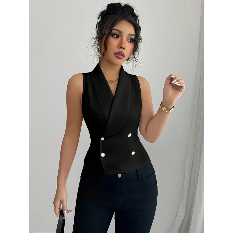 Front Button Waist-cinching Design, Fashionable and Elegant Sleeveless Shirt
