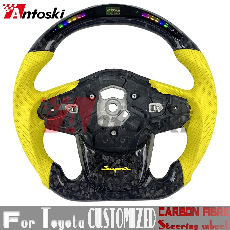 Customized carbon fiber steering wheel for Toyota Supra A90 GR MK5 2019 2020 2021 2022 yellow leather LED display screen