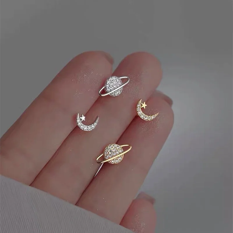 Simple Fashion Zircon Star Moon Mini Earrings For Women Cute Korean Planet Asymmetric Ear Studs Piercing Earrings Jewelry Gifts