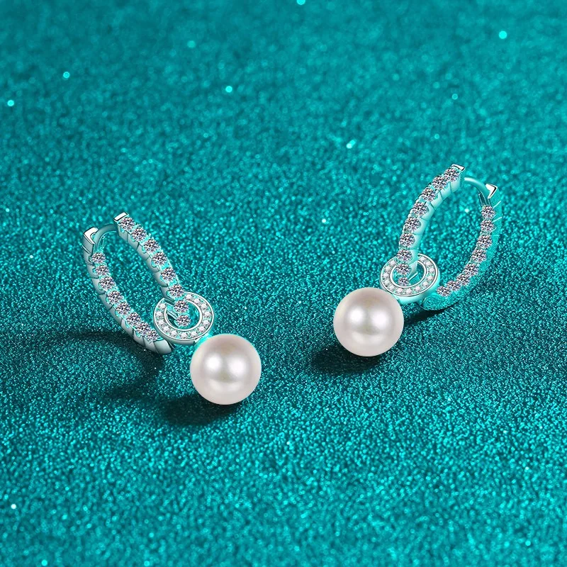 

Moissanite 8mm Freshwater Pearl Hoop Earrings Women 925 Sterling Silver Lab Diamond Huggie Earrings Platinum Plated Gift