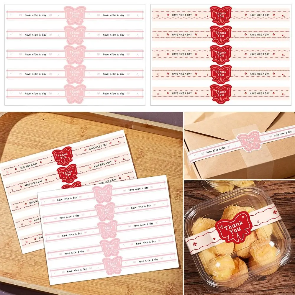 50PCS/Pack Bowknot Thank You Sealing Stickers Have a Nice Day Red Pink Cake Box Decoration Sticker Long Strip Self-Adhesive