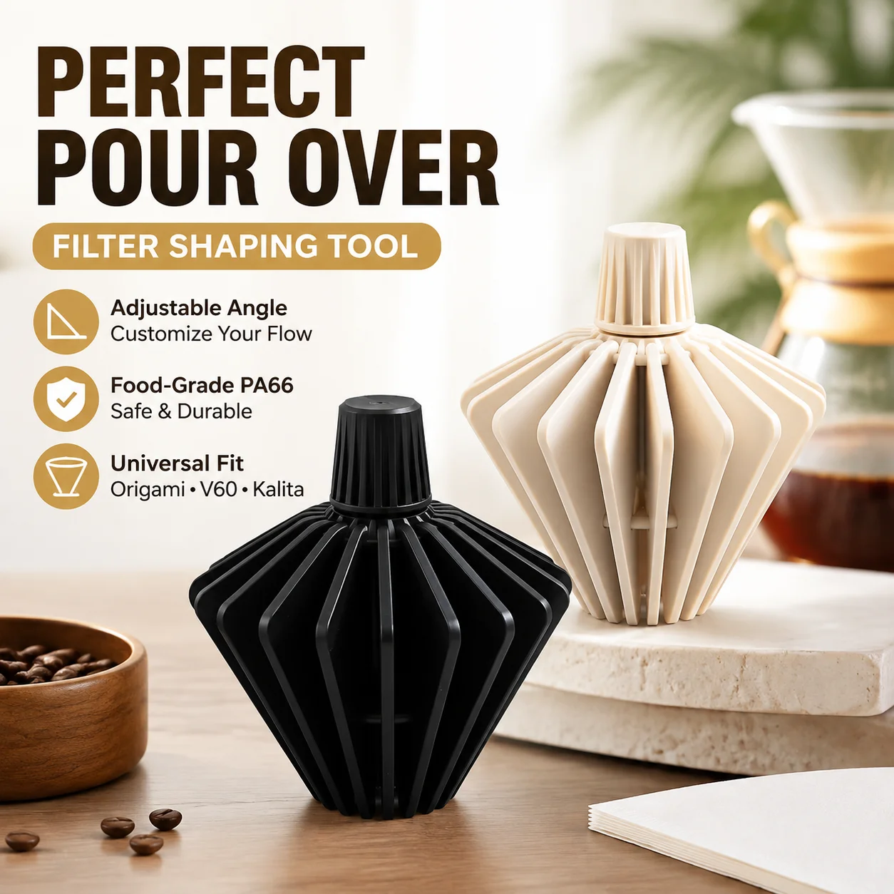 Adjustable Angle Paper Filter Shaping Tool for Pour Over Coffee Dripper, Food-Grade PA66, Compatible with Origami V60 Kalita