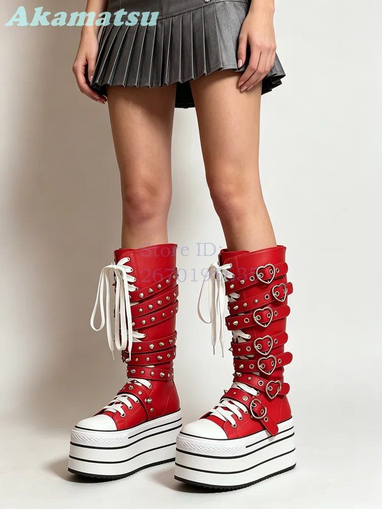 Gothic Heart Buckle Rivet Platform Boots Punk Red Canvas Lace-up Knee High Boots 2026 New Sweet Cool Festival Party Women Shoes