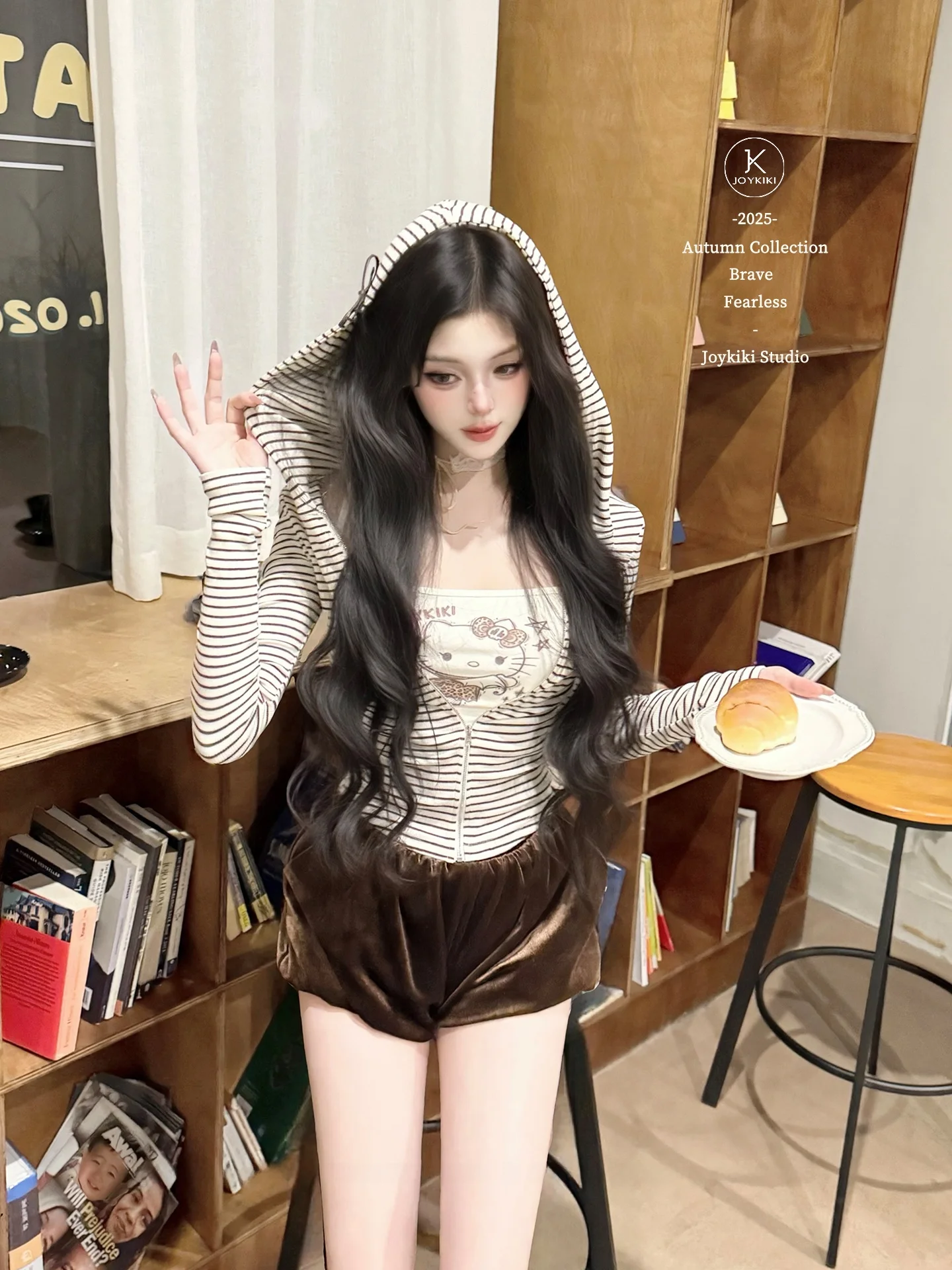 

Joykiki KT Series Women's Casual Sle Long Sve Hoodie Striped Pattern Inner ort Pants Set Cotton Polyester Blend