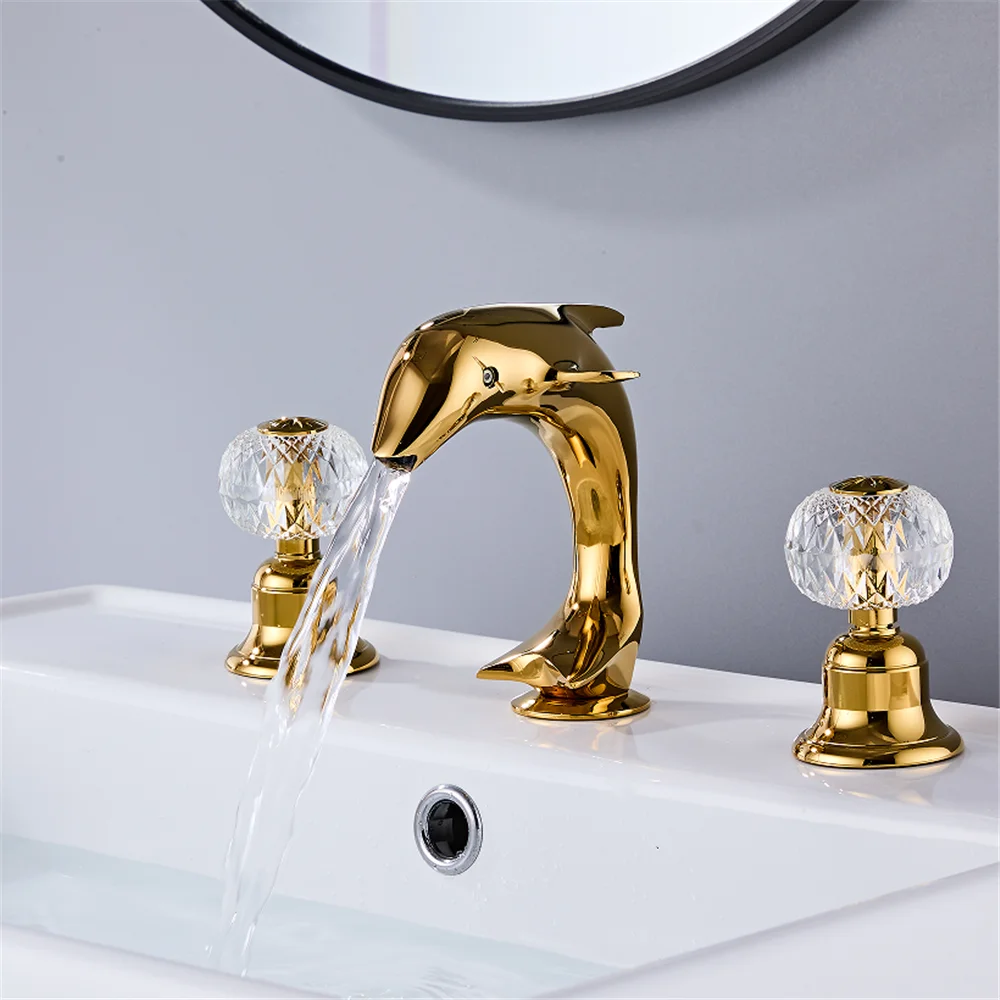 Tuqiu widespread Gold Basin faucet Dolphin Bathroom faucet Lavotory Tap luxury Basin Mixer Hot And Cold shower room sink Faucet