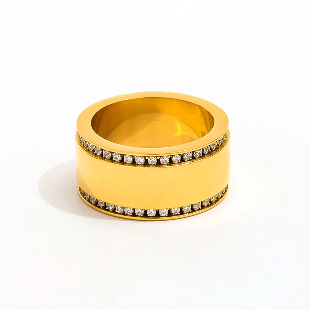 

Joolim Jewelry High End PVD Wholesale Waterproof Fahion Double-layer Full Zirconia Bnad Stainless Steel Finger Ring for Women