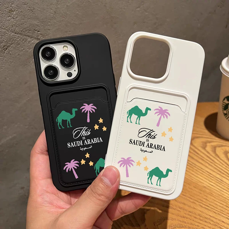 Luxury Arabia Camel Wallet Card Phone Case For Iphone11 13Pro 12 14 XR 15 Pro Max 16Pro Coconut Tree Silicone Soft Back Cover