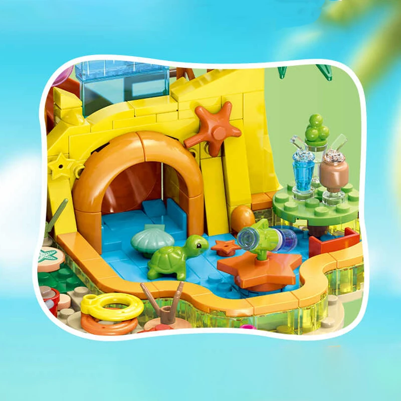 Amici Parco divertimenti estivo Campo da spiaggia Vacanza al mare Scivolo MOC Building Blocks Puzzle per bambini Giocattolo di assemblaggio per regali per bambini