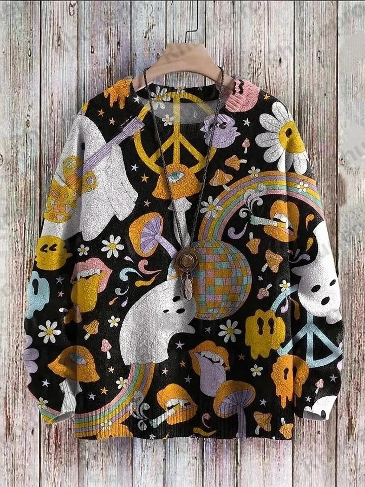 Halloween Bronze Mirror Crow Flowers Print Casual Knit Pullover Sweater Men's For Women's Pullover Hombre