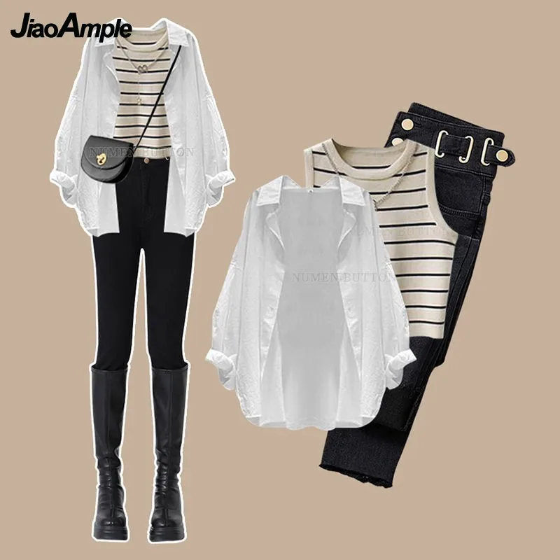 2024 Autumn New Fashion Denim Pants Matching Set Women\'s Casual White Shirt+Striped Vest+High Waist Jeans Three Piece Suit