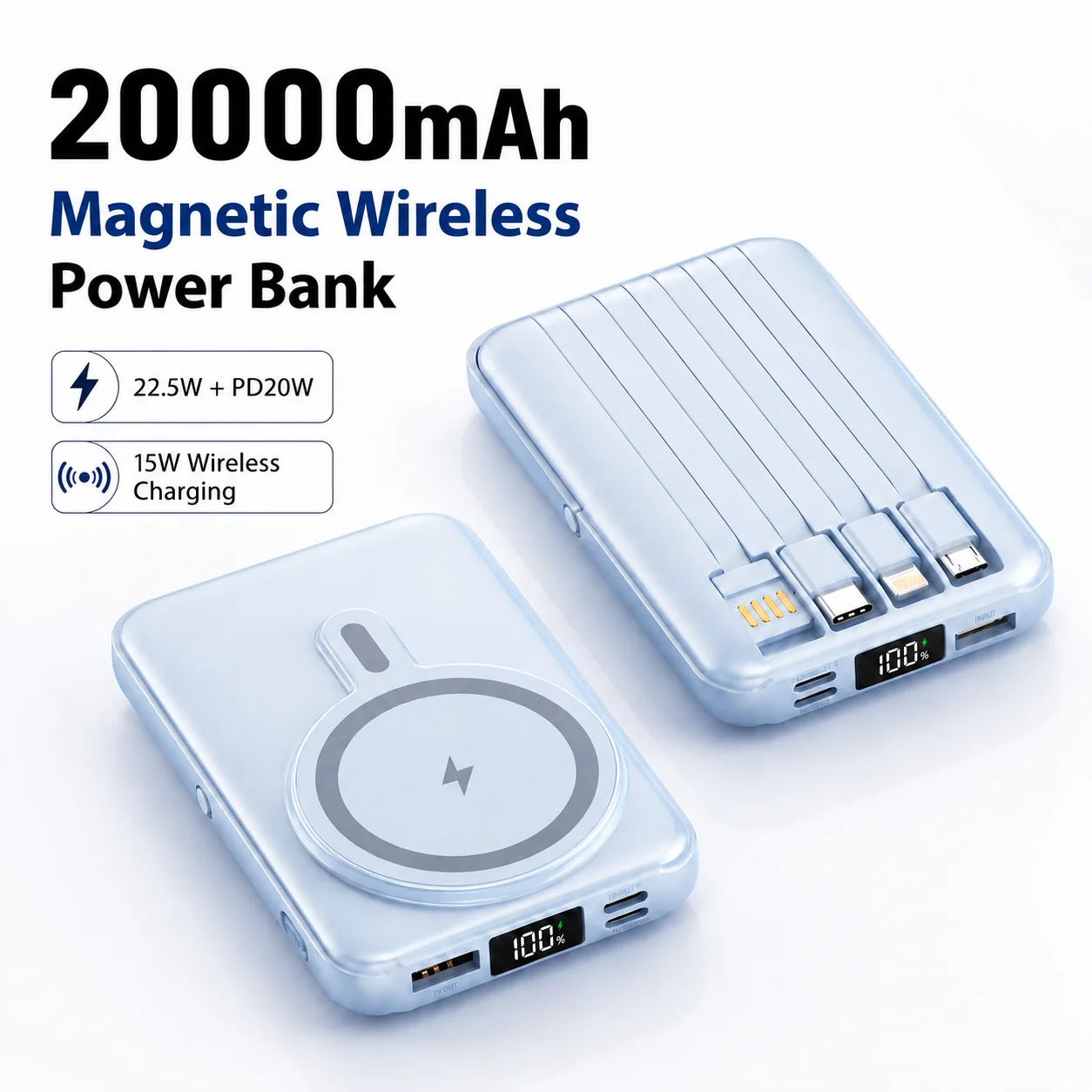 Magnetic Wireless Power Bank 20000mAh 22.5W Super Fast Charging Thin Light Portable External Battery Pack For Phone Smart Watch