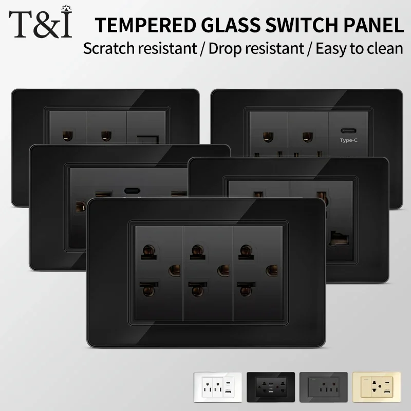

Настенная розетка T&I US 118, быстрая зарядка через USB Type-C, дизайн панели переключателей из закаленного стекла