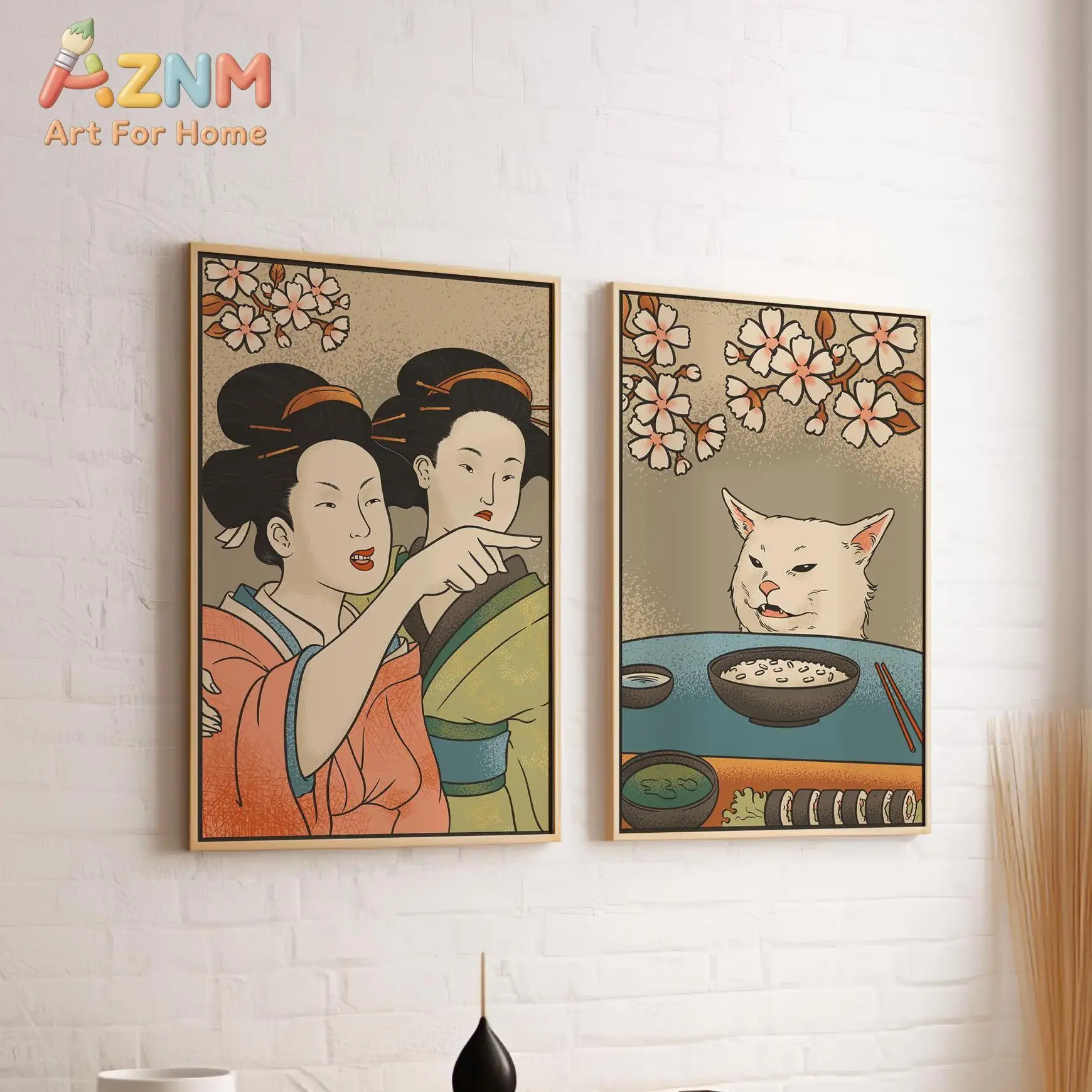 1/2Pcs Japanese Woman Yells At Cat 2 Piece Wall Art Set Canvas | Unique and Funny | Perfect Gift Meme and Art Fans,  Decor