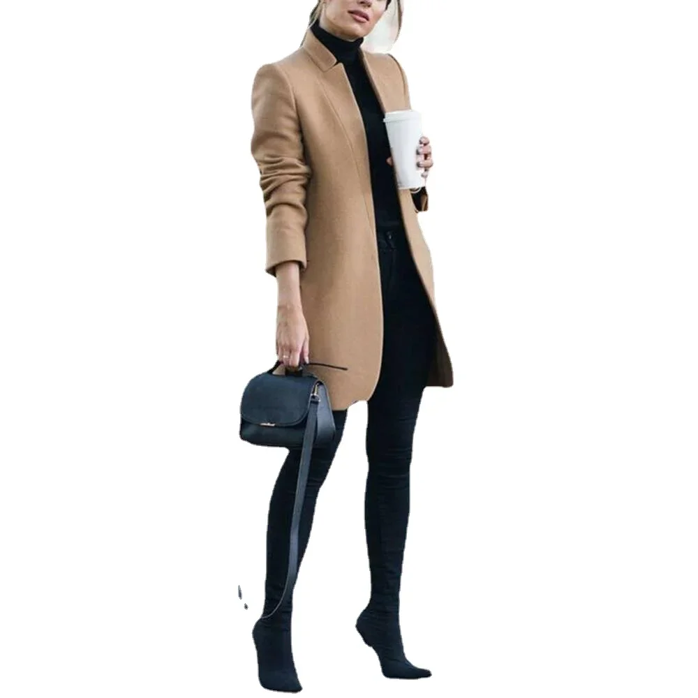 Office Lady Autumn Solid Color Stand Collar Woolen Long Coat  Cardigan
