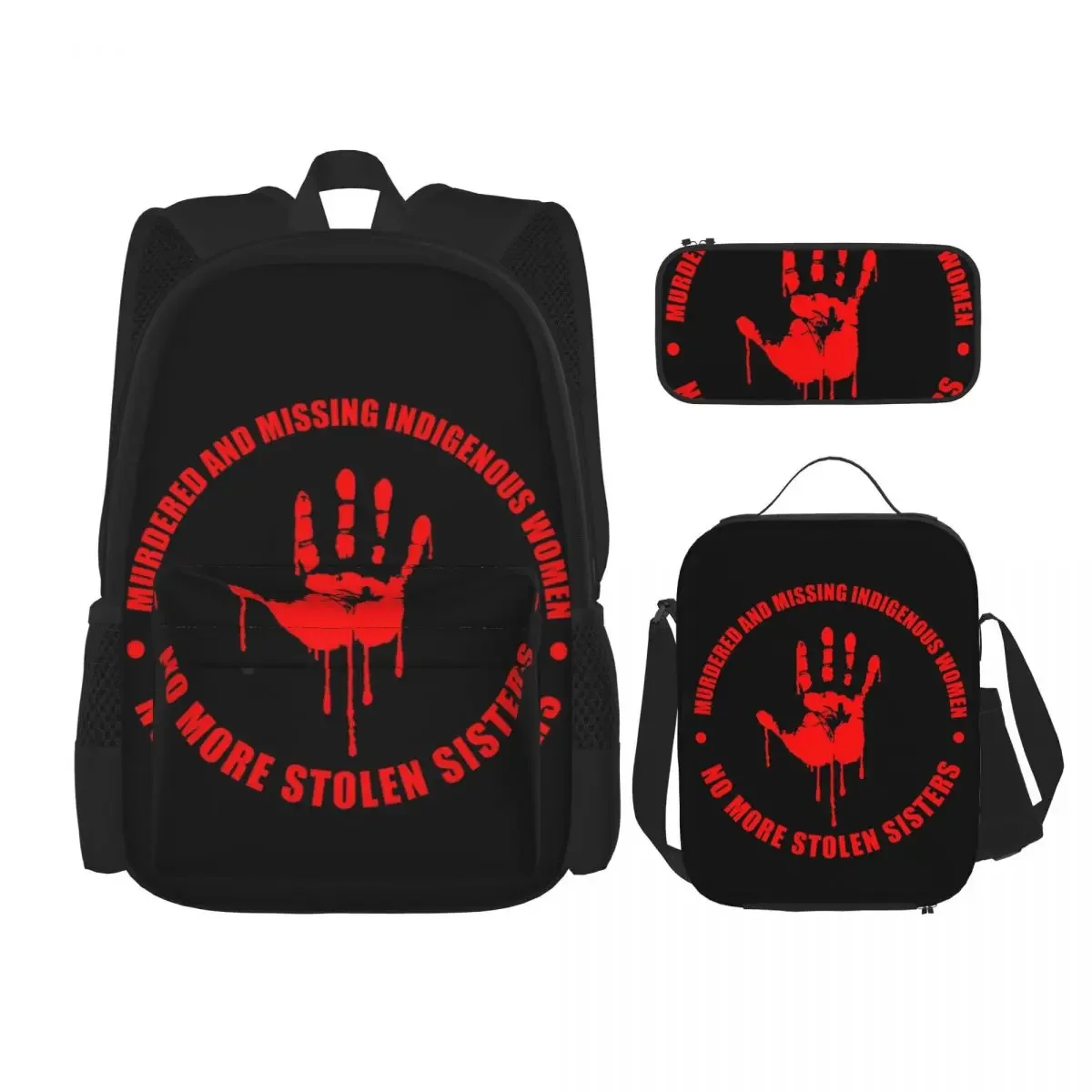 

MMIW (Murdered And Missing Indigenous Women) 4 Backpacks Boys Girl Bookbag School Bag Rucksack Lunch Bag Pen Bag Three-Piece Set