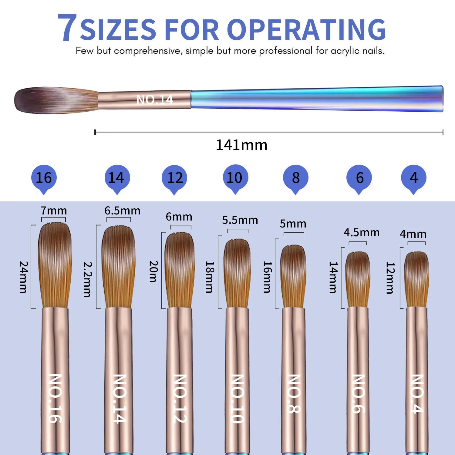 Ensemble de pinceaux pour Nail Art, 7 pièces, forme ovale, manche bleu aurore, poudre acrylique, manucure professionnelle, bricolage, Salon de maison