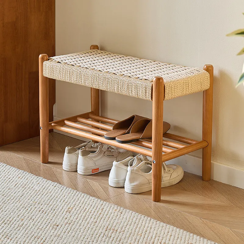 Solid wood shoe changing stool, household entrance door, rope woven shoe stool