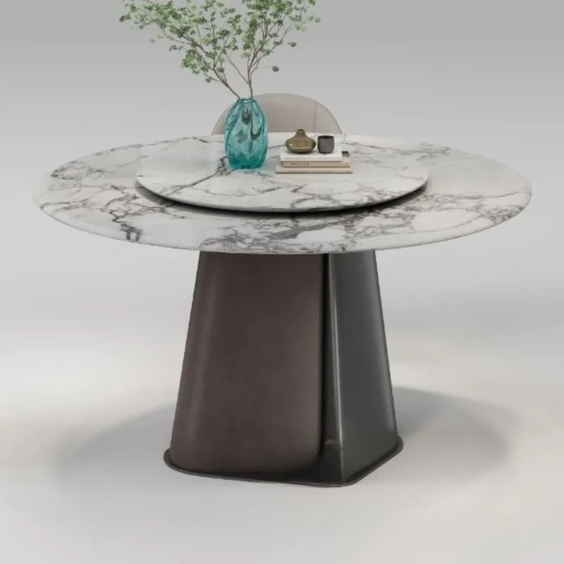 

Italian light luxury marble/slate dining table with turntable modern minimalist stainless steel household round table