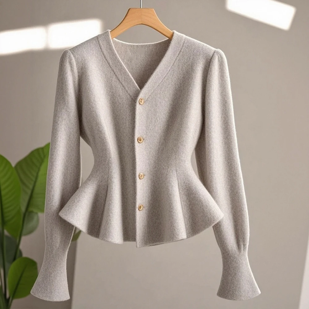 Cardigan casual com gola redonda, manga longa, tubo reto, sem decoração, malhas femininas com frente aberta