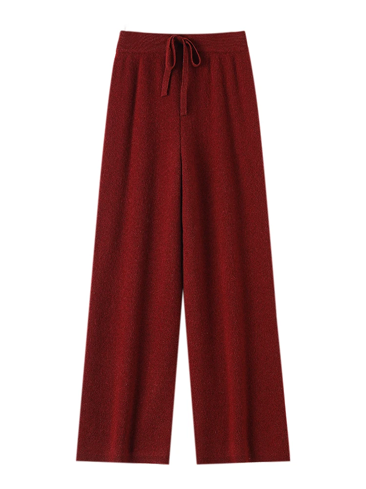 Women's Trousers 100% Merino Wool Pants Autumn Winter Sweater Wide Leg Pants Tying Elastic Casual Basic Soft Warm Knit Trousers