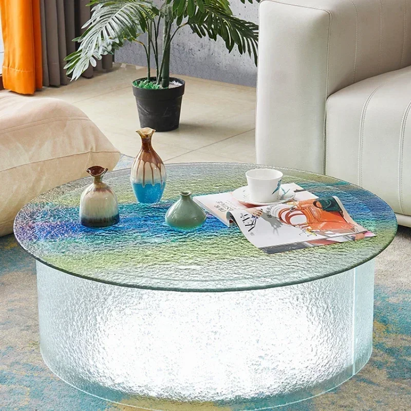 Minimalist Designer round Silent Style Hot Melting Tempered Glass Small Apartment Household LED Light Coffee Table