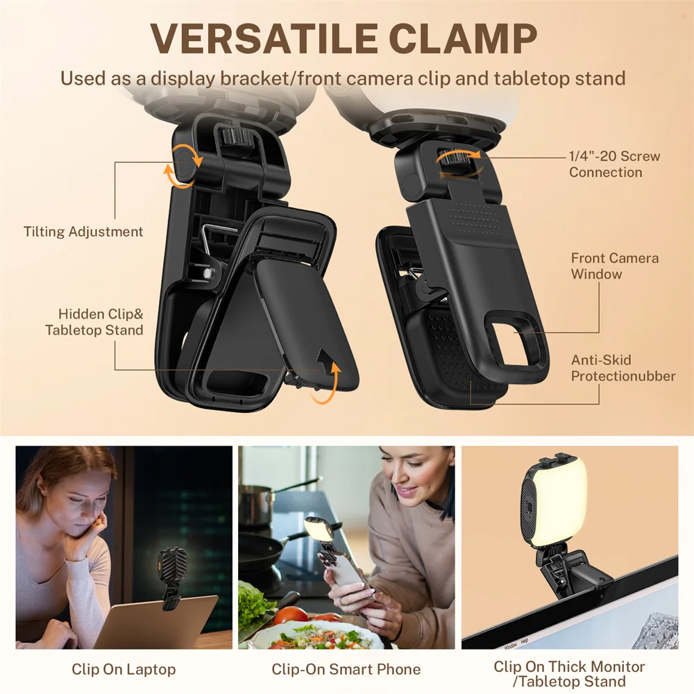 充電式LED自撮りライト、電話、タブレット、ラップトップ、3モード用のライトクリップ、9レベルの明るさ、2024