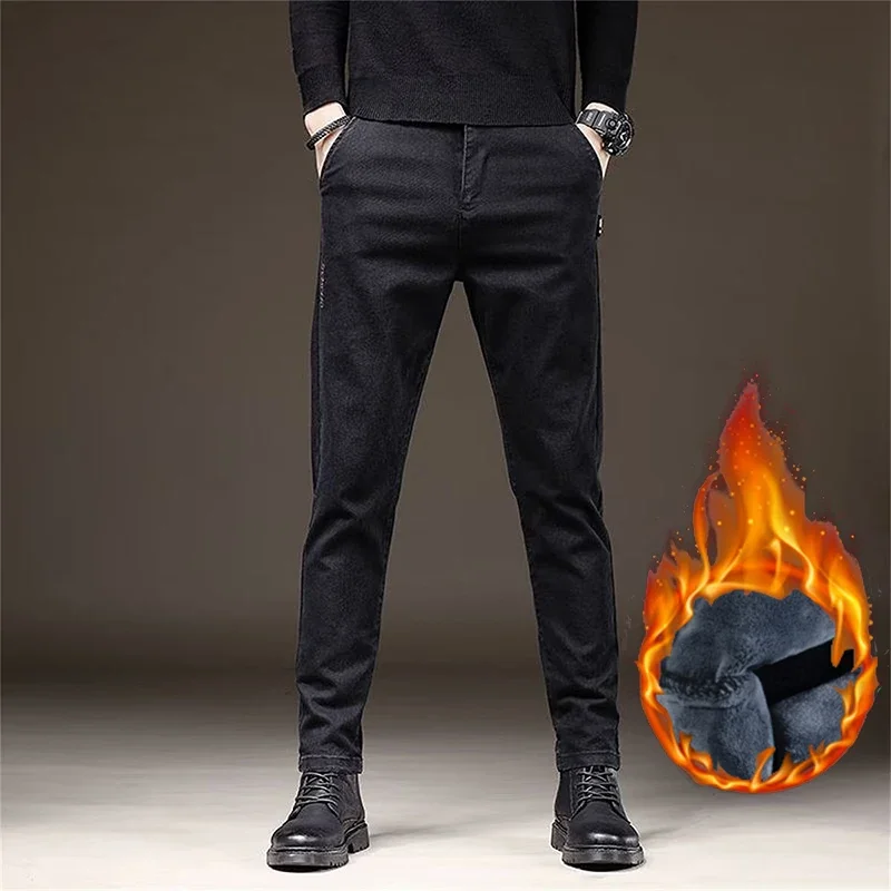 2024 Men Stretch Skinny Thermal Snow Warm Denim Pants Male Cool Streetwear Trousers Male Narrow Leg Fleece Thicken Casual Jeans