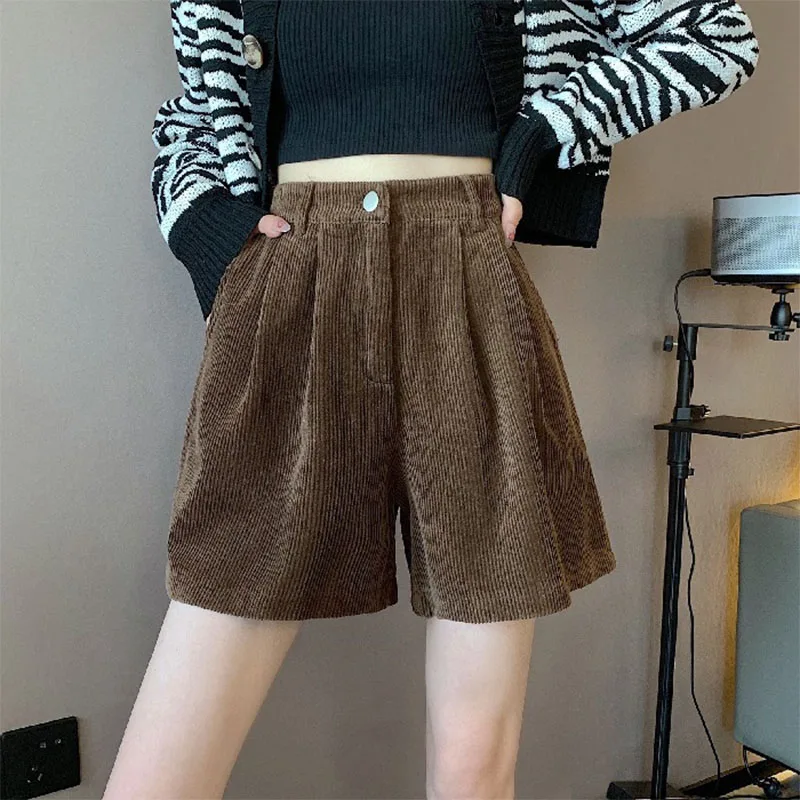 

Women Shorts Pants Corduroy 2022 Autumn Winter Solid Color Loose Shorts A-line High Waist Female Casual Fashion Trousers