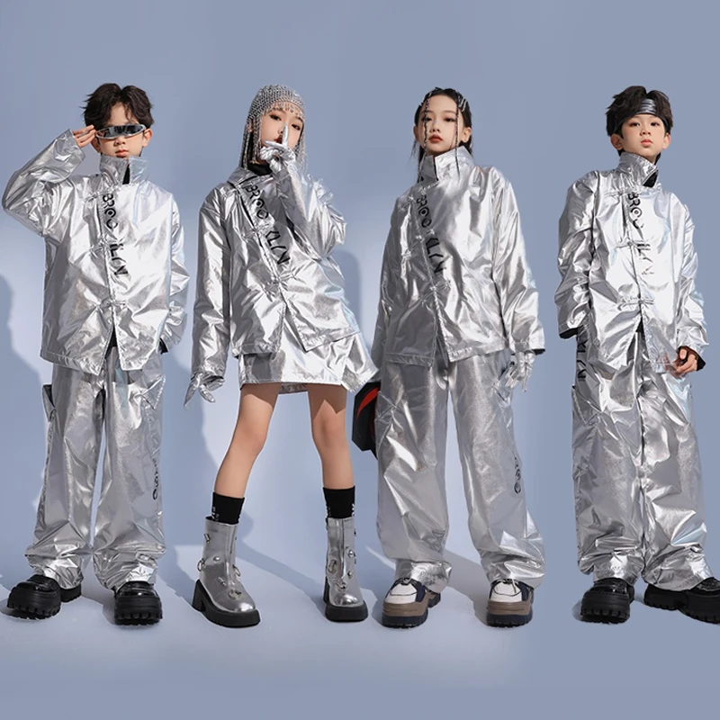 New Kids Street Wear Silver Reflective Coat Pants Girls Jazz Dance Costumes Boys Hip Hop Clothing K-pop Stage Outfits SL9511