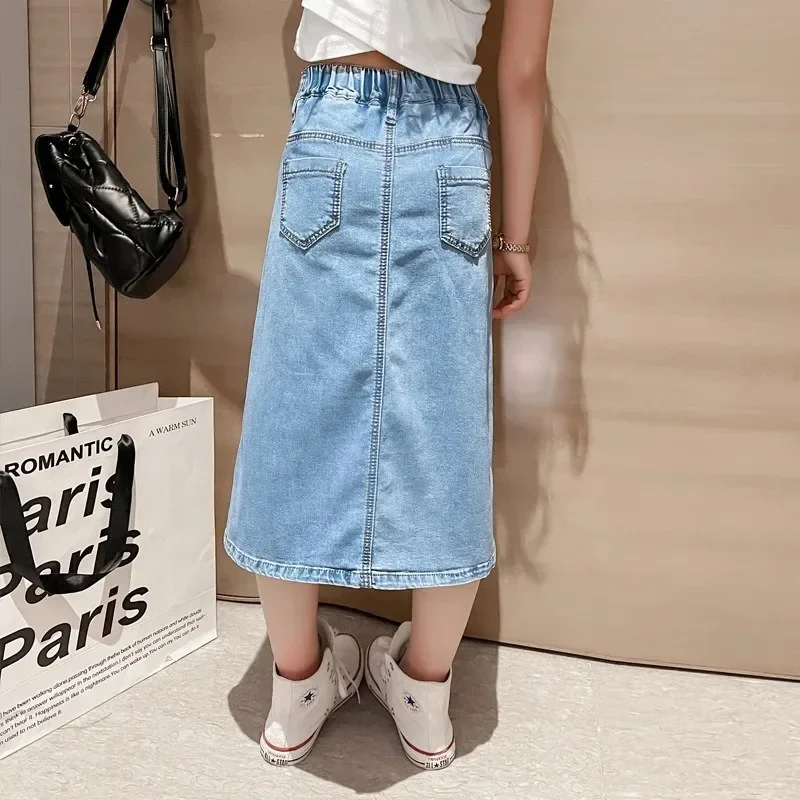 2024 New Summer Half Skirt Children Girls\' Denim Skirt Fried Street Dress Slimming Half Skirt Plaid Skirt