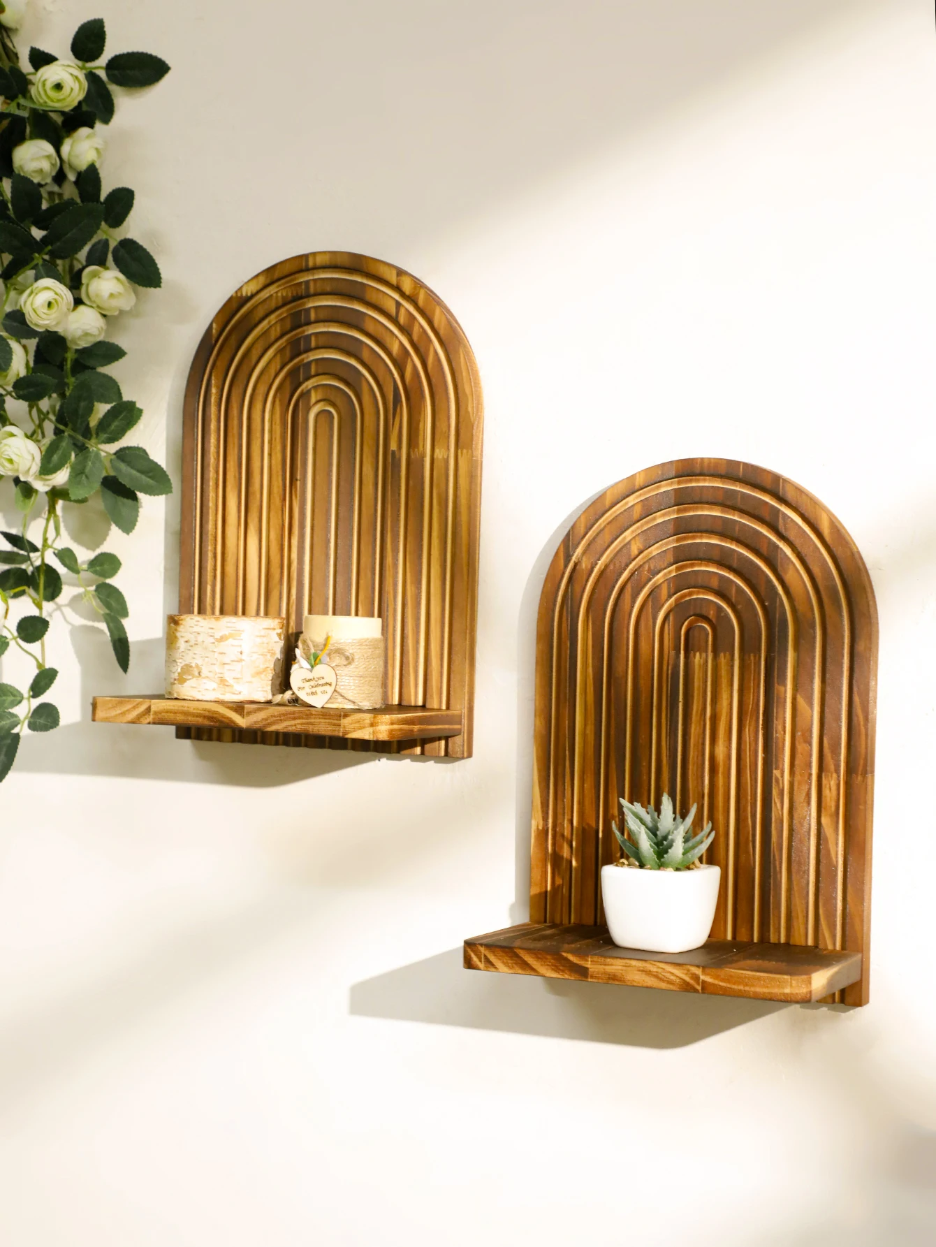 1Pc Boho Style Wooden Wall Shelves - Geometric Wall Mounted Shelves, Natural Wood Finish, Modern Home Decor, Plant Decorative