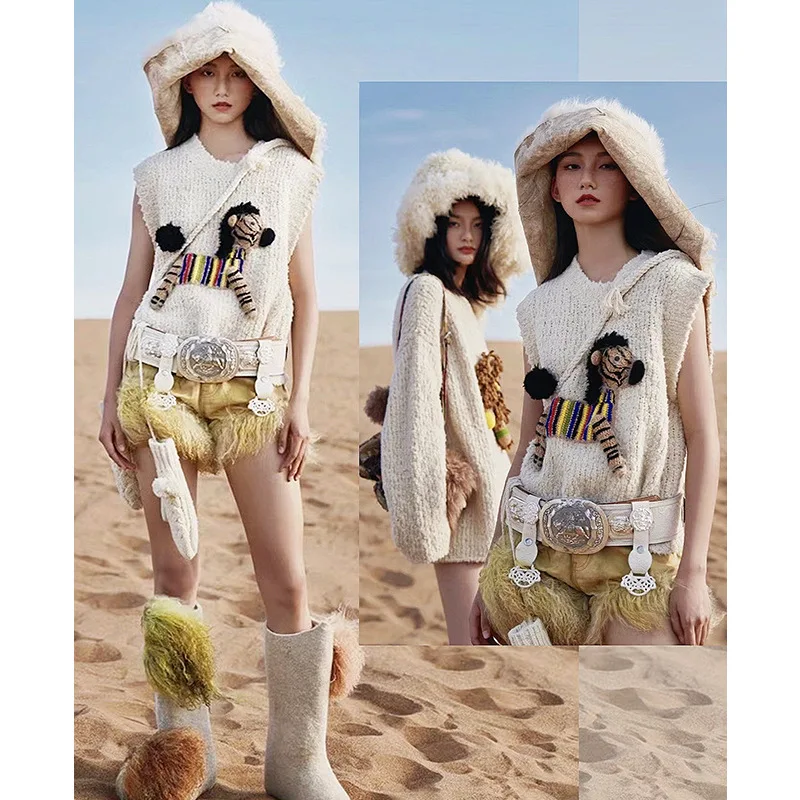 

Милый антивозрастной вязаный жилет, женский круглый пуловер Ne, трикотаж с мультяшной вышивкой, осеннее новое поступление